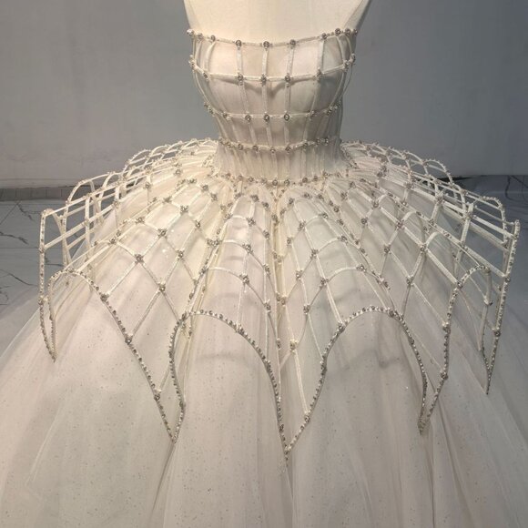 Regal Modern Princess Beaded Cage Bodice Ball Gown Wedding Dress - Picture 5 of 5
